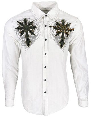 Xtreme Couture by Affliction Men's Button Down Shirt SPARTAN White Biker