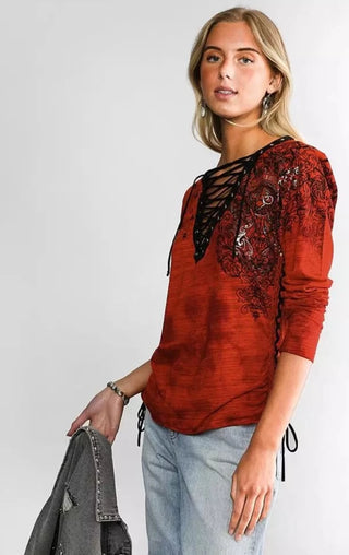 Affliction Women's Shirt Folklore Lace-up