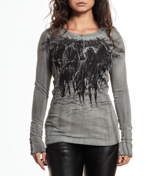 Affliction Women's Long Sleeve Henley Shirt Black Night