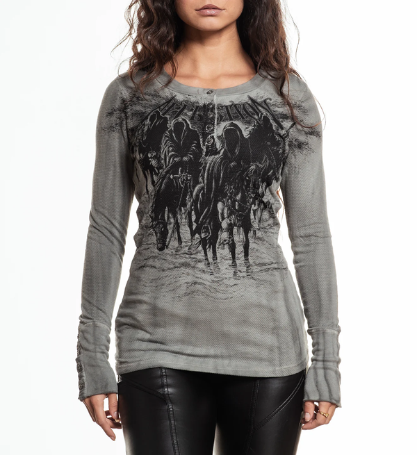 Affliction Women's Long Sleeve Henley Shirt Black Night