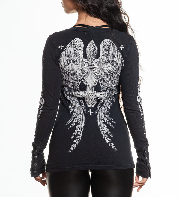 Affliction Women's Long Sleeve Henley Shirt Simulation