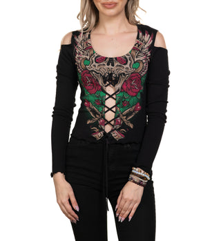 Affliction Women's T-shirt Screaming Roses Lace Up