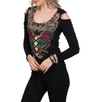 Affliction Women's T-shirt Screaming Roses Lace Up
