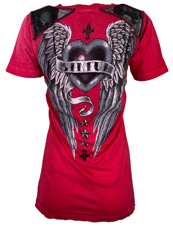 Sinful By Affliction Women's T-shirt Metal Heart =