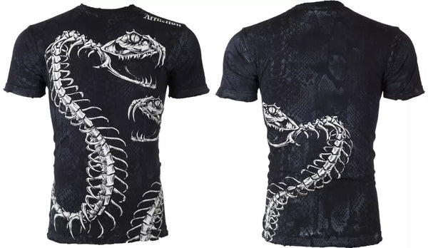 $58 AFFLICTION Black SKELETAL SNAKE Short Sleeve Slim Fit Y2K T-shirt NWT ++