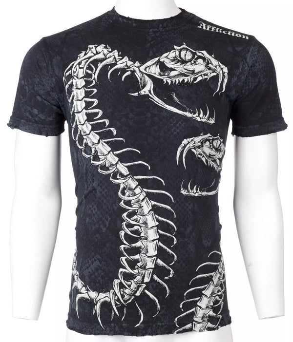 $58 AFFLICTION Black SKELETAL SNAKE Short Sleeve Slim Fit Y2K T-shirt NWT ++