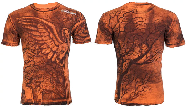 $62 AFFLICTION Orange GRAVE ANGEL Short Sleeve Slim Fit Y2K T-shirt NWT ++