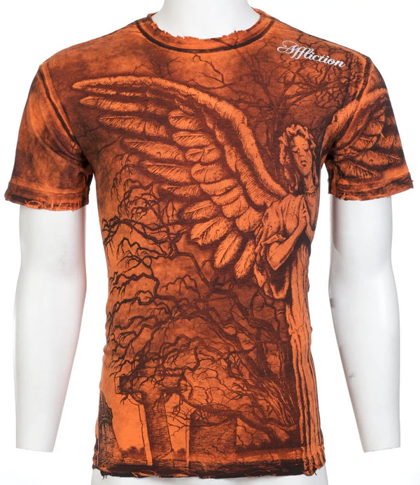 $62 AFFLICTION Orange GRAVE ANGEL Short Sleeve Slim Fit Y2K T-shirt NWT ++