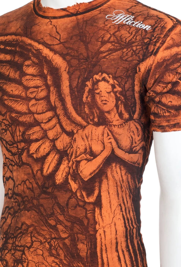 $62 AFFLICTION Orange GRAVE ANGEL Short Sleeve Slim Fit Y2K T-shirt NWT ++