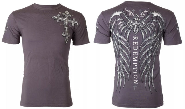 ARCHAIC by AFFLICTION Grey SPINE WINGS Short Sleeve Slim Fit Y2K T-shirt NWT