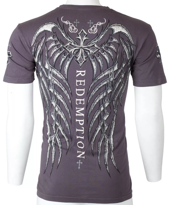 ARCHAIC by AFFLICTION Grey SPINE WINGS Short Sleeve Slim Fit Y2K T-shirt NWT