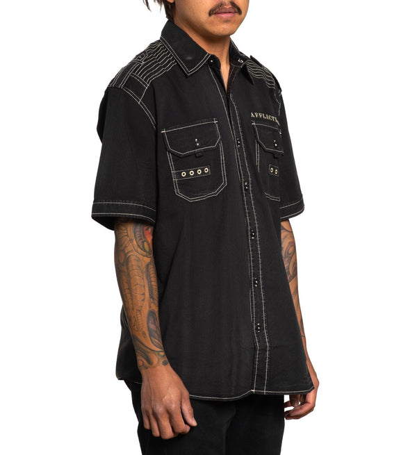 Affliction Men's Button Down Shirt TRENCH Woven Black