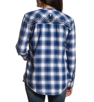 Affliction Women's Button Down L/S Shirt Blue CRYSTAL VISION Biker