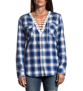 Affliction Women's Button Down L/S Shirt Blue CRYSTAL VISION Biker