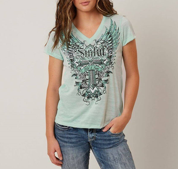 Sinful AFFLICTION Women's S/S T-Shirt SOULS UNITED Tee Wings Biker