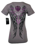 SINFUL by AFFLICTION Women's T-Shirt FINCH S/S Skull Biker WINGS