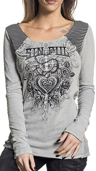 Sinful AFFLICTION Womens T-Shirt CHAPEL ROSES PAN Athletic Wings Biker MMA