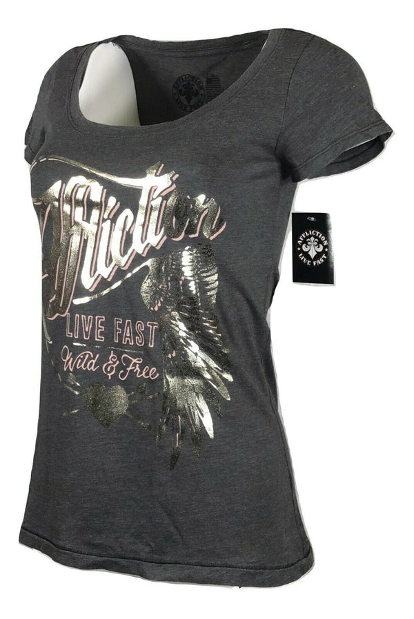 AFFLICTION Womens T-Shirt AC MAGPIE Athletic GRAY Biker