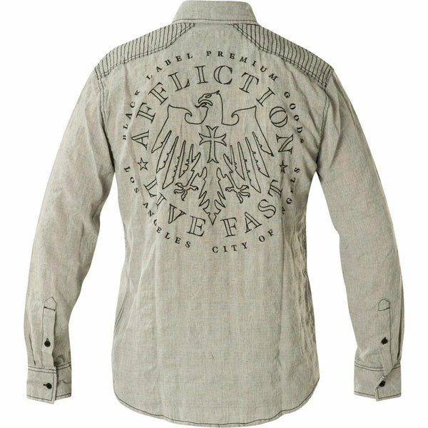AFFLICTION Men's Button Down Shirt WARFARE Woven Embroidered Biker