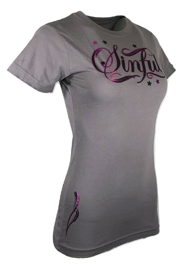 SINFUL by AFFLICTION Women's T-Shirt FINCH S/S Skull Biker WINGS