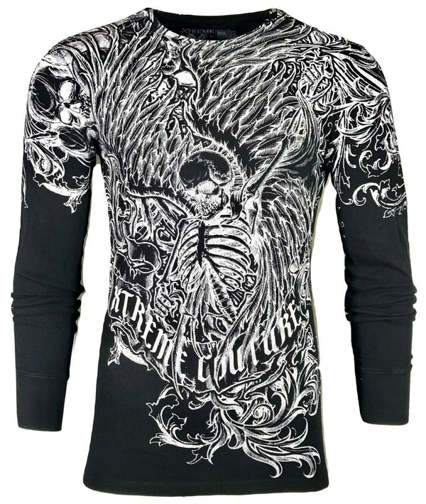 Xtreme Couture by Affliction Men's Thermal Shirt ACCUSER Skull Biker MMA Black