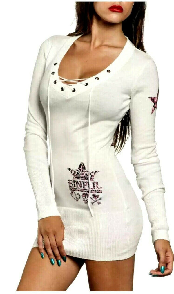 Sinful AFFLICTION Women's Top AVERY SWEATER DRESS Top Skull Wings Biker