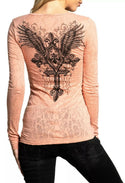 AFFLICTION Women's T-Shirt L/S LIFELESS Athletic Wings Biker