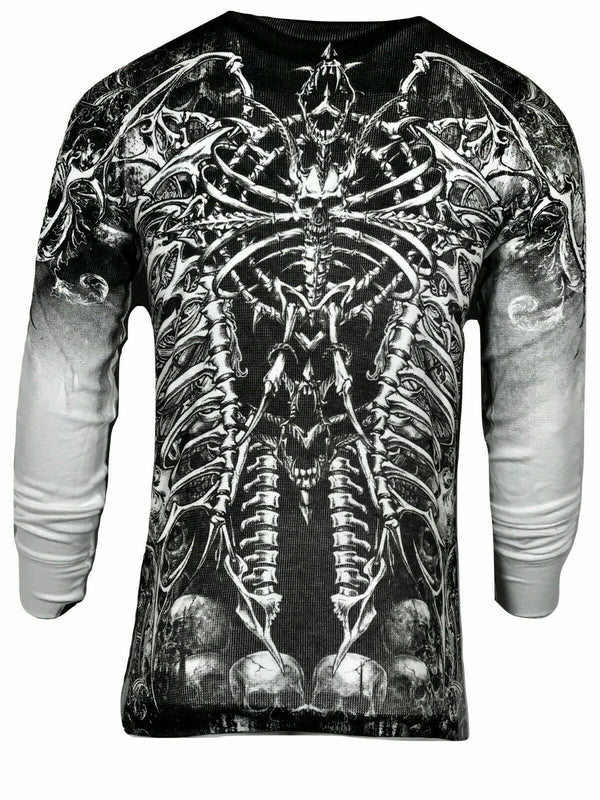 Xtreme Couture by Affliction Men's Thermal Shirt CATACOMBS Skull Biker White