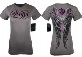 SINFUL by AFFLICTION Women's T-Shirt FINCH S/S Skull Biker WINGS