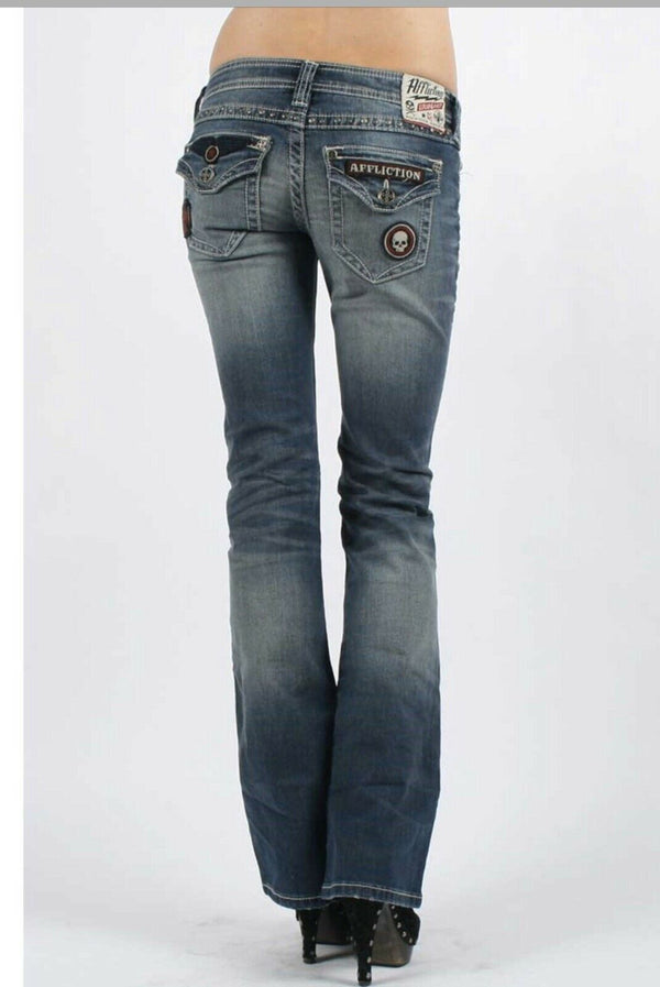 AFFLICTION Women's Denim Jeans JADE PATRIOT CROSSROAD Embroidered Buckle