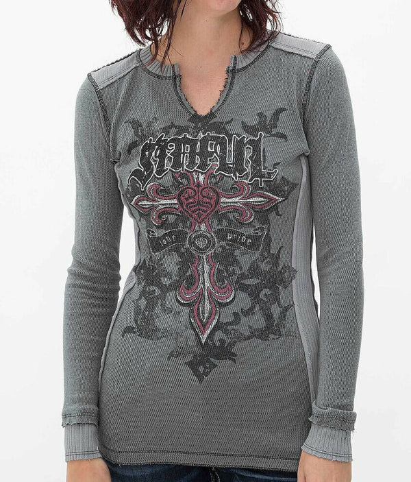 Sinful AFFLICTION Women's T-Shirt HEARTS VENGEANCE Thermal Wings Biker