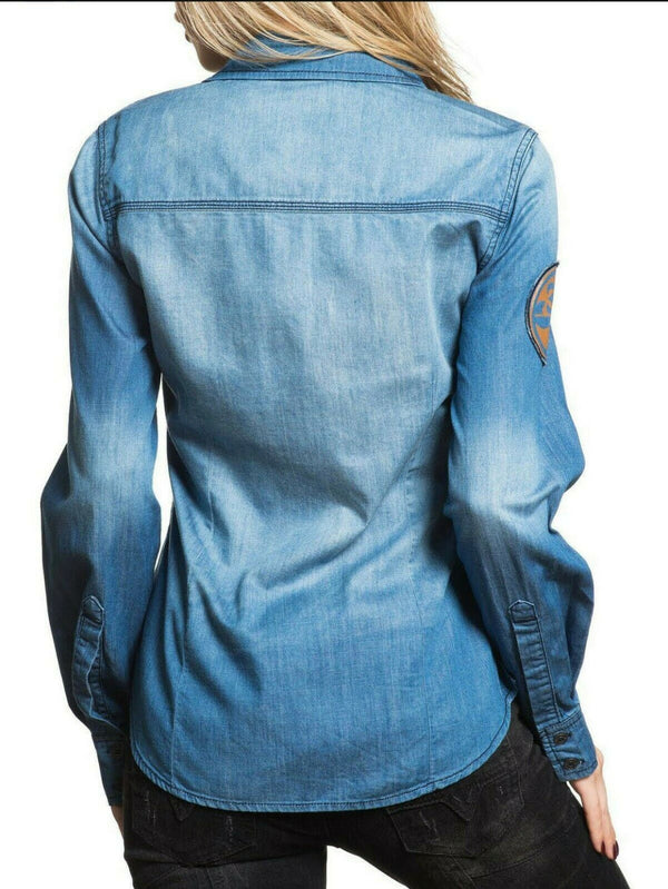 Affliction Women's Button Down Denim L/S Shirt Blue Dawn Biker