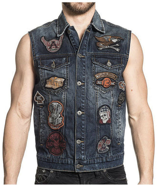 Affliction Premium JUST RIGHT Men's Denim Biker Vest Blue