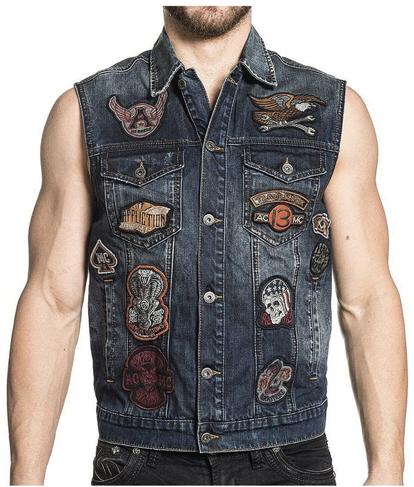 Affliction Premium JUST RIGHT Men's Denim Biker Vest Blue