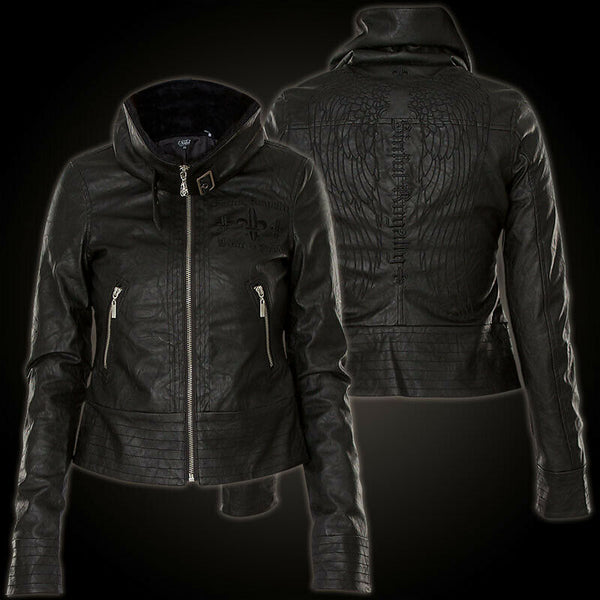 SINFUL by AFFLICTION Women's LEATHER DISTORTION JACKET COAT Biker Wings