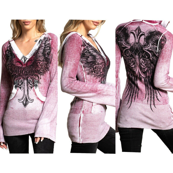 Affliction Women's Hoodie Sweat Shirt Top ALLISON Pink Wings Biker