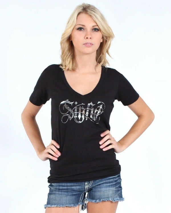 Sinful AFFLICTION Women's T-Shirt AC CATHEDRAL Athletic Wings Biker MMA