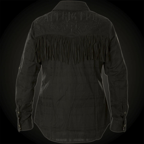 AFFLICTION Women's BUTTON DOWN Shirt Embroidered ROCK & FRINGE Woven