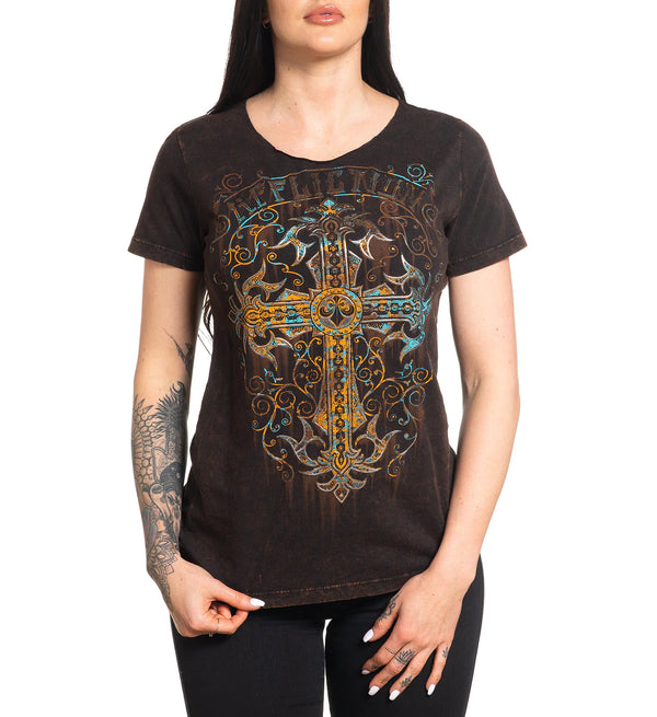 Affliction Women's T-Shirt Sanctuary Rust Scoop  ^