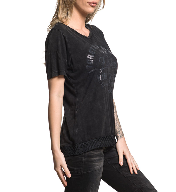 AFFLICTION Women's Short Sleeve T-Shirt GARAGE BUILT Black