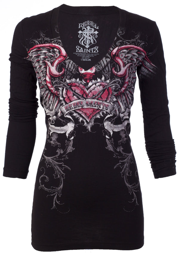 REBEL SAINT by AFFLICTION Womens T-shirt LOVE BIG Black NWT