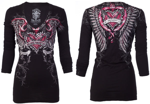 REBEL SAINT by AFFLICTION Womens T-shirt LOVE BIG Black NWT