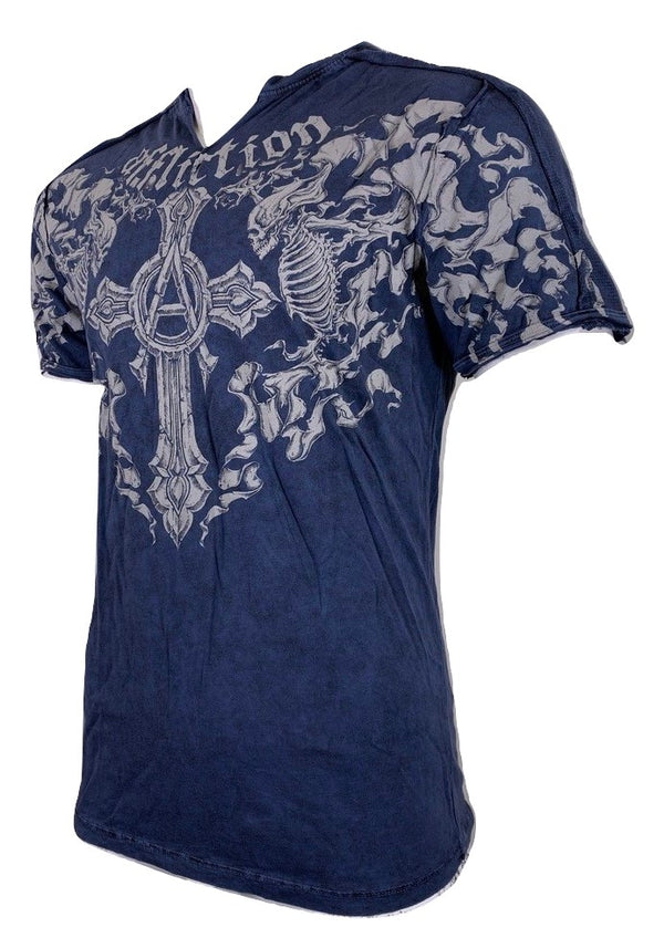 AFFLICTION BIAS SLIT NECK Men's T-shirt Navy Wash