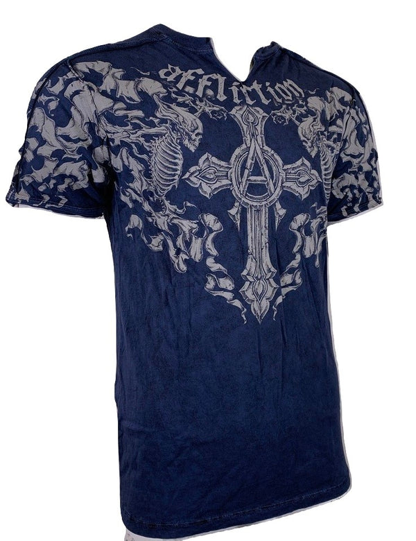 AFFLICTION BIAS SLIT NECK Men's T-shirt Navy Wash