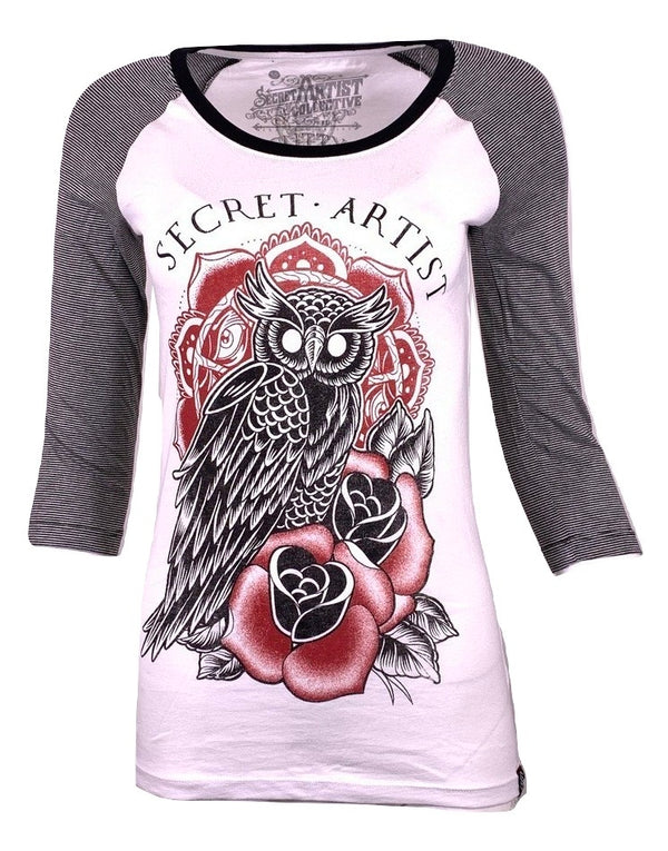 SECRET ARTIST by AFFLICTION Women's T-Shirt L/S ROSE OWL Tee