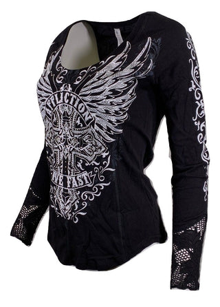 AFFLICTION Women's T-Shirt L/S EDENBERRY CROSS THERMAL Biker