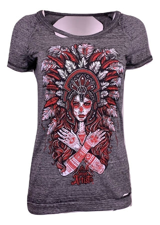 SECRET ARTIST by AFFLICTION Women's T-Shirt S/S MYAN HEADDRESS Tee