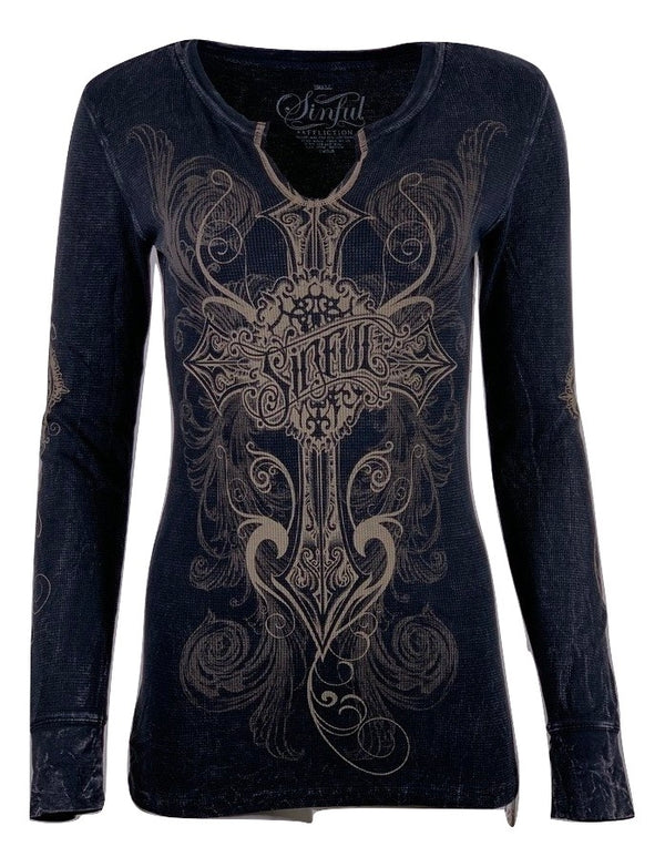 Sinful AFFLICTION Women's L/S THERMAL Shirt HARLOW Tee Wings Biker