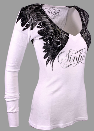 Sinful AFFLICTION Women's S/S T-Shirt WHISPING WING Tee Wings Biker