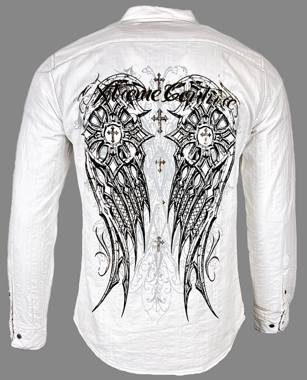 Xtreme Couture by Affliction Men's Button Down Shirt DARKNESS White Biker